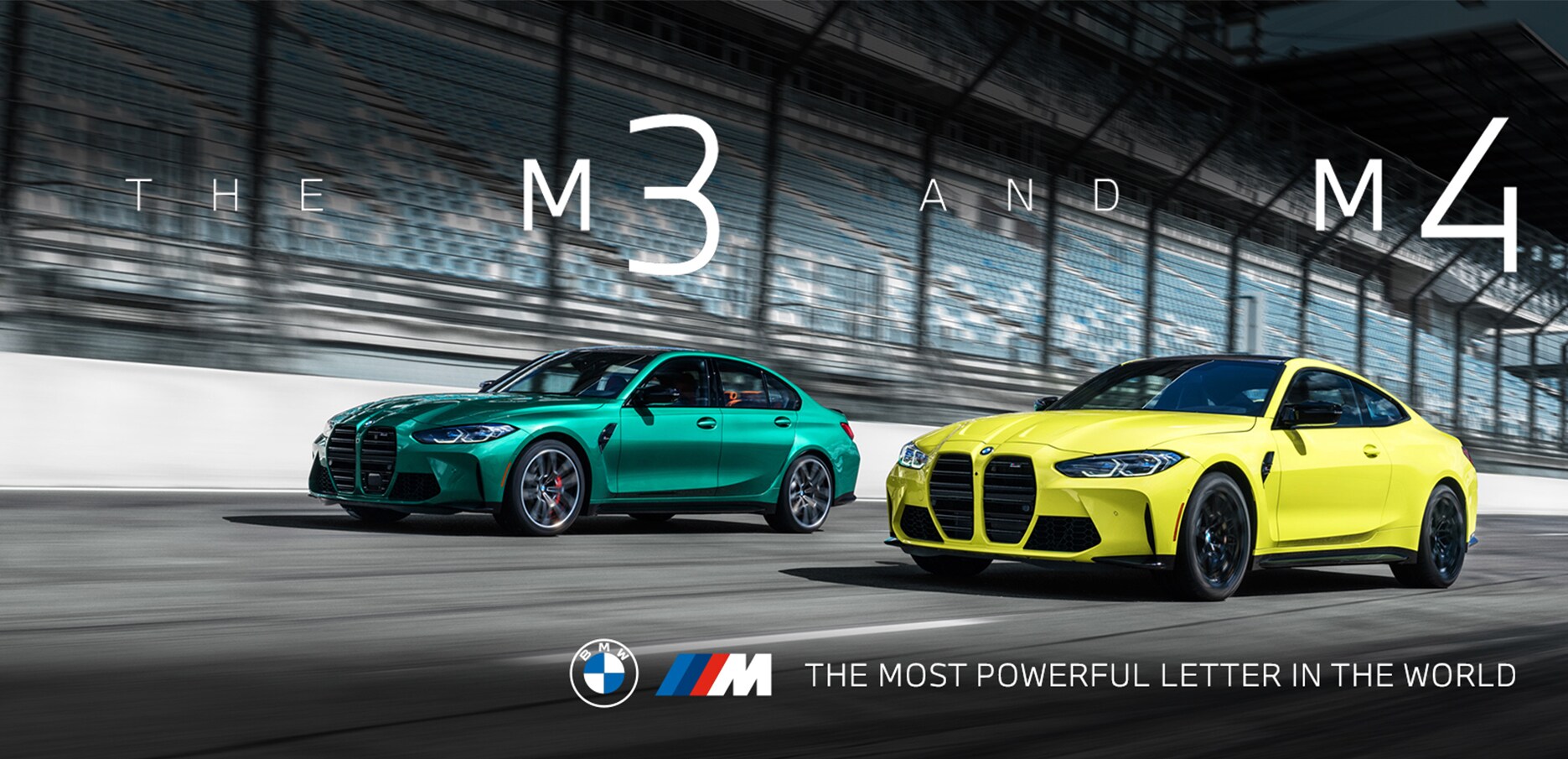 The All-New BMW M3 and M4 driving down a racetrack