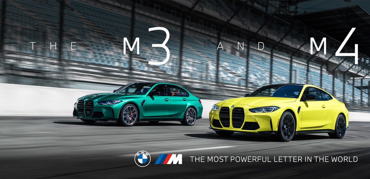 The All-New BMW M3 and M4 driving down a racetrack